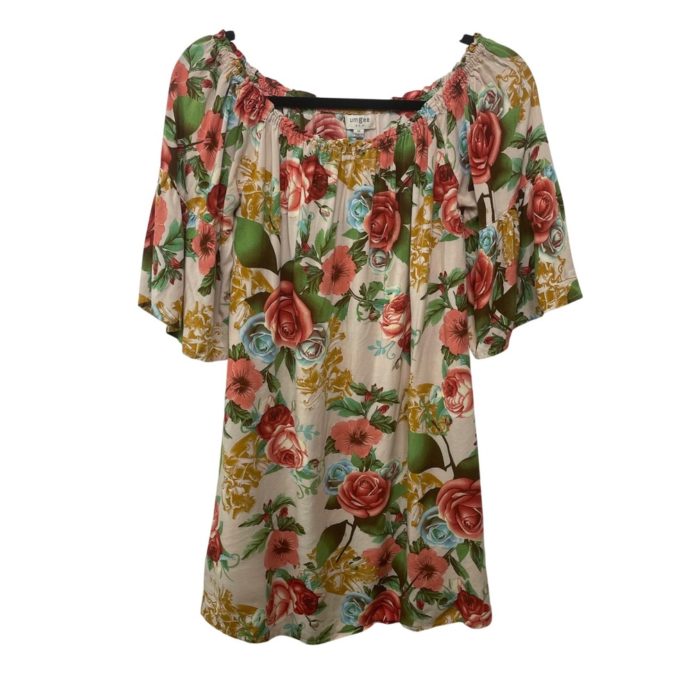 Umgee USA Off Shoulder Floral‎ Print Bell Sleeve Tunic Top Dress M Boho Cottage